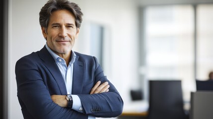 Fototapeta premium Confident businessman smiling, office background, portrait