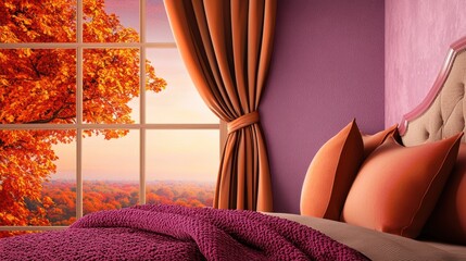 Autumn bedroom sunrise view, fall foliage, cozy interior design