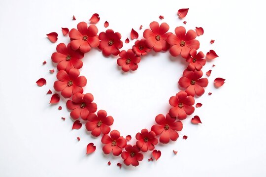 heart shaped arrangement of red paper flowers petals white background