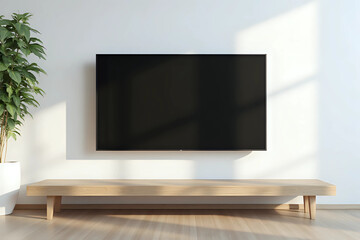 Fototapeta premium Living room led tv on white wall with wooden table empty interrior