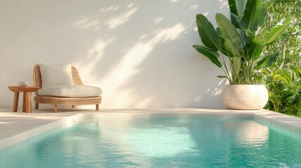 Modern poolside lounge with tropical plants. Generative AI