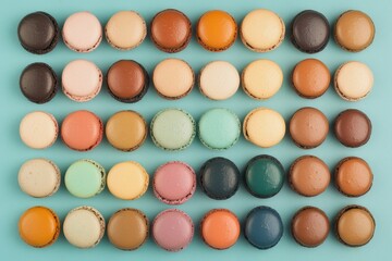 Colorful array of macarons arranged in stunning patterns on a bright blue surface inviting sweet indulgence