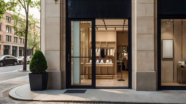 A modern boutique with large glass windows and a blank nameboard above the entrance. The board is clean and sleek, with room for any store name or logo, set against a bustling city street.