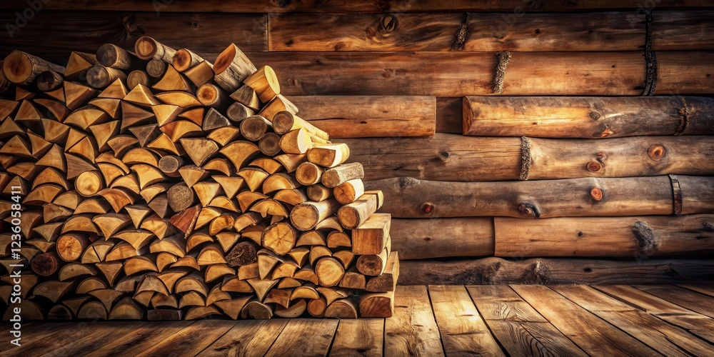 Poster a stack of neatly arranged firewood logs against a rustic log cabin wall, ready for a cozy fire
