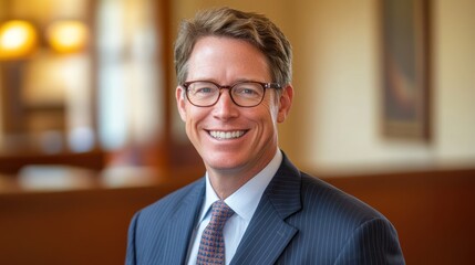 Fototapeta premium Smiling man headshot, professional attire, office background, corporate portrait