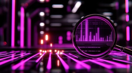 Obraz premium Magnifying Glass Data Analysis Futuristic Cityscape