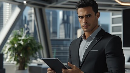 Fototapeta premium Confident businessman reviewing tablet, futuristic office, cityscape