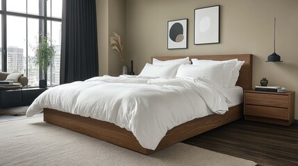 Modern bedroom, city view, white bedding, wooden bed, calm interior
