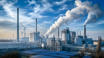 Obraz premium A sophisticated industrial energy park featuring both wind turbines and solar panels as key components of a renewable energy infrastructure.