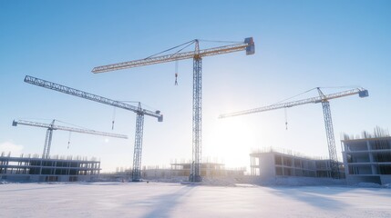 Winter construction site three cranes building amidst snowy landscape
