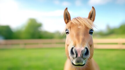 Fototapeta premium Palomino horse portrait, pasture, sunny day, rural farm