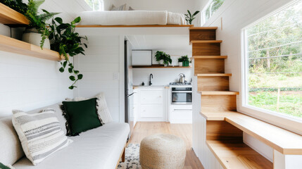 Cozy modern interior with wooden accents and indoor plants.