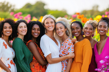 Diverse group of joyful women posing together in a colorful flower field.