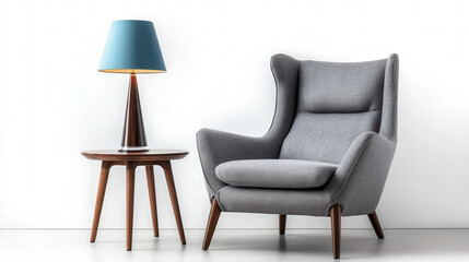 Obraz premium Grey sofa chair, wooden frame desk lamp