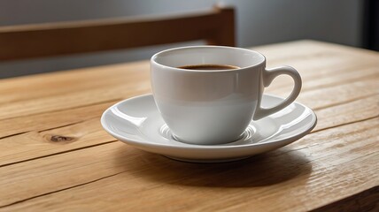 Obraz premium A plain white ceramic coffee cup on a saucer, placed on a light wooden table. The cup's surface is smooth, creating a blank canvas for custom branding or design.