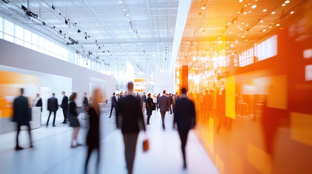 Trade show attendees network, orange wall, convention center