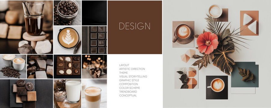 A rich, cozy coffee-themed composition featuring various espresso cups, coffee beans, and latte art. Warm brown tones with creamy highlights create an inviting and rustic aesthetic.