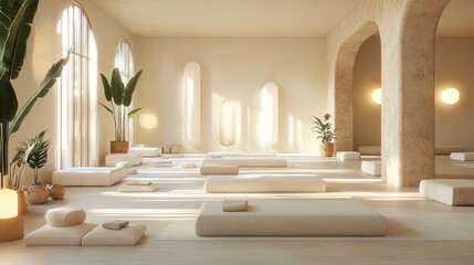 Calm yoga studio with soft lighting and minimalist decor, creating a peaceful environment for practice