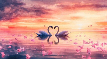 Fototapeta premium Dreamy watercolor lake reflecting a vibrant sunset with silhouettes of swans forming a heart shape, surrounded by soft pink petals floating on the water.