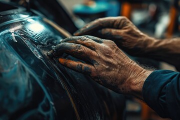 Close-up of hands carefully applying a protective film to a red car hood.