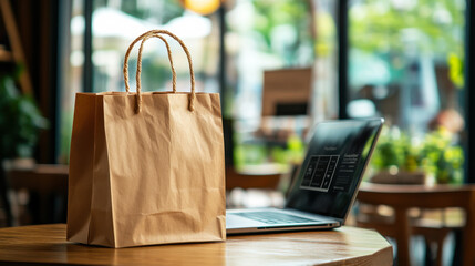 Brown paper bag sits next to an open laptop on a wooden table in a cafe with greenery outside