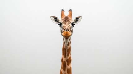 Obraz premium A giraffe stands in front of a plain white wall, highlighting its unique height and texture