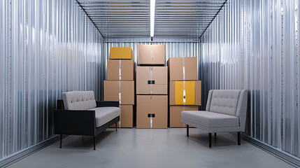 Interior of a storage unit with sofas and stacked boxes ready for organization.