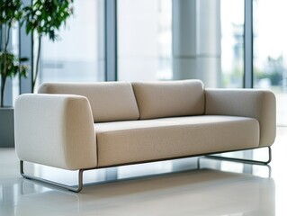 Modern beige sofa in an office lobby area with large glass windows and plants