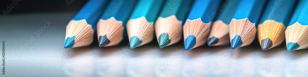 Poster a collection of blue pencils placed neatly on a table, ready for use