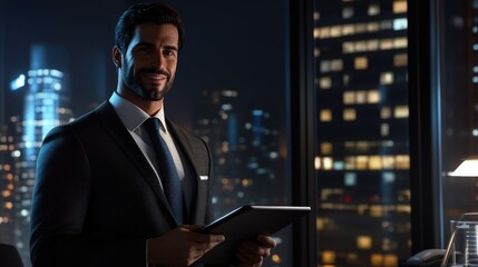 Fototapeta premium Confident businessman night cityscape office tablet