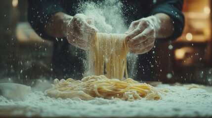 Chef's Hands Preparing Fresh Homemade Pasta with Flour
