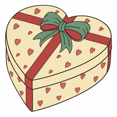 Red heart gift box, green bow, icon vector design
