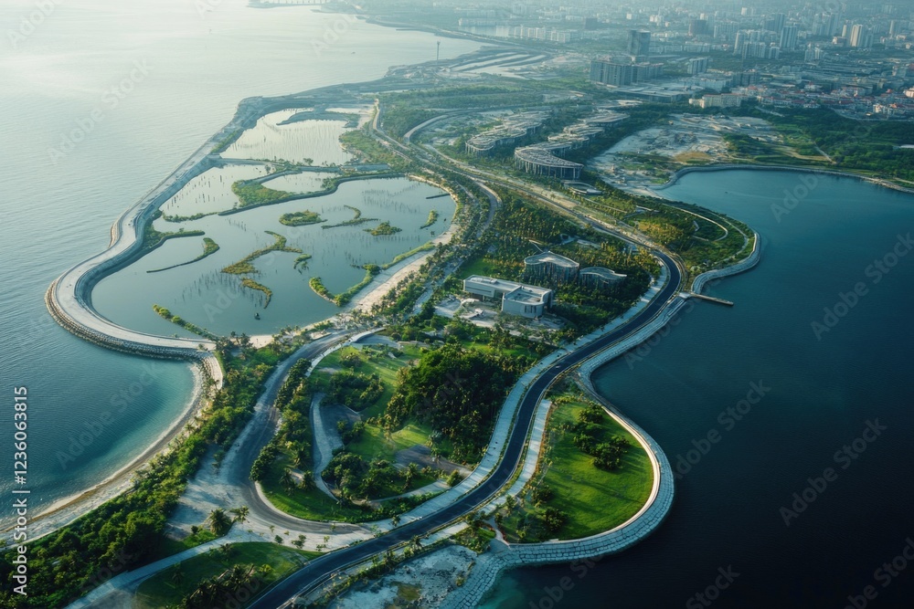 Poster urban landscape with building and lake, suitable for use in architectural or urban planning projects
