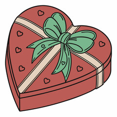Red heart gift box, green bow, icon vector design