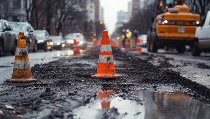 Close-up of an orange traffic cone on a wet city street during construction.