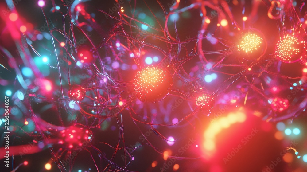 Poster abstract glowing network with spheres and connecting lines in red and blue hues