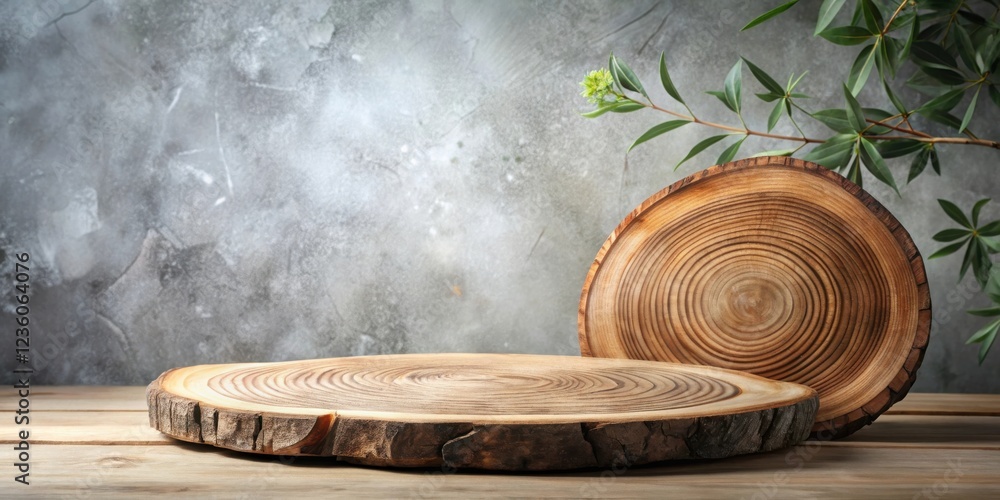 Poster rustic wooden display with natural greenery and textured background