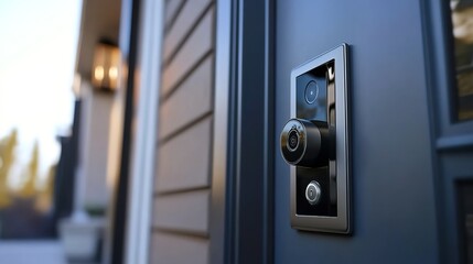 A sleek and modern smart doorbell with a camera for commercial use, mounted on the exterior of an office building entrance in an urban city environment.