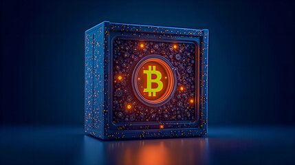A high-security vault made entirely of digital light and blockchain symbols, with a massive glowing Bitcoin logo at its center,-1