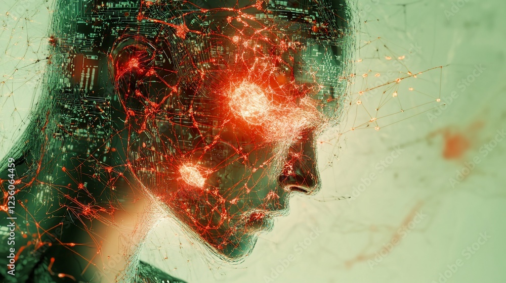 Poster abstract depiction of a human head with glowing red lines resembling a neural network overlaid on a 