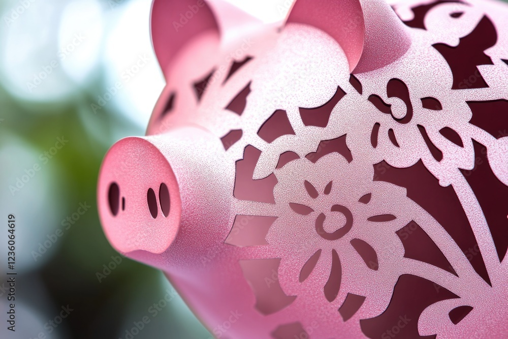 Poster a close-up shot of a pink piggy bank with a smiling face and coins inside