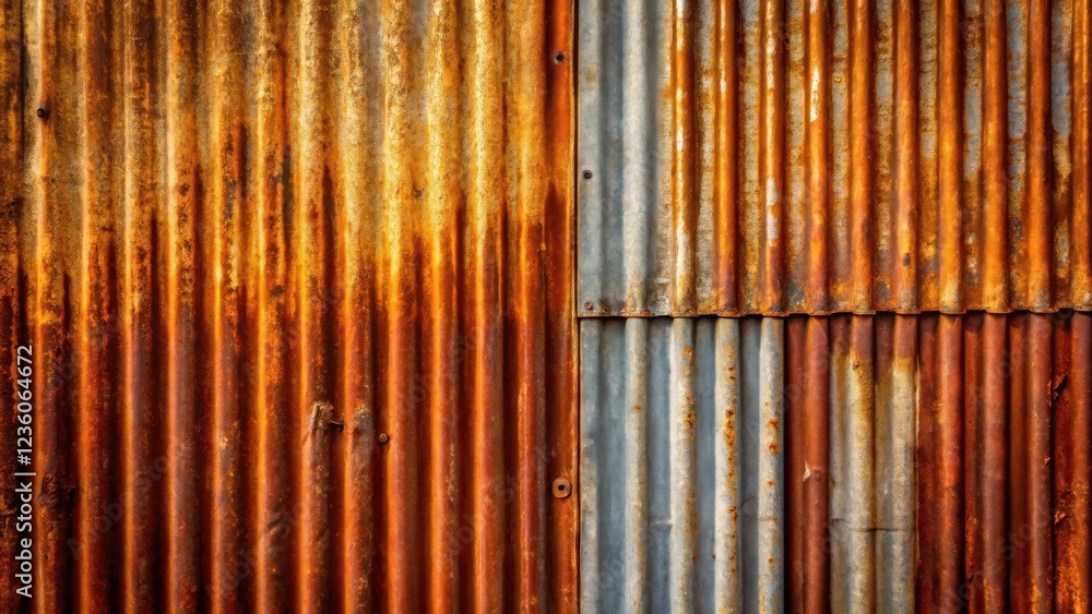 Poster Rusty Corrugated Metal Panels with a Patch of Newer Metal Showing Through