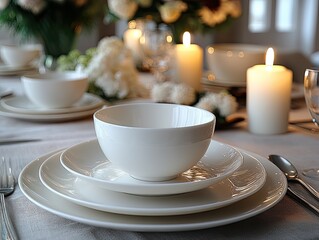 Elegant Table Setting with White Plates Bowls and Candles on a Gray Tablecloth