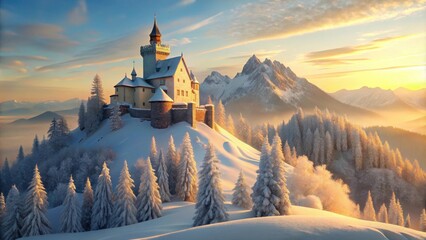 A fairytale castle perched atop a snow-covered mountain, bathed in the golden glow of sunrise, surrounded by a frosted forest, with majestic peaks rising in the background