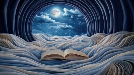 Open book, moonlit night, surreal waves, dreamland, bedtime story