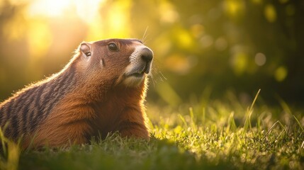 Obraz premium A groundhog sits in the grass looking upwards