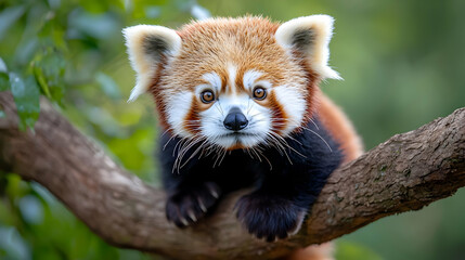 Red panda cub on branch, lush forest background, wildlife photography, nature