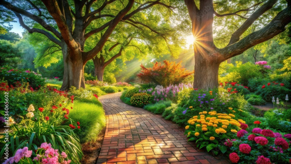 Poster a sunlit path winds through a lush garden, dappled with vibrant blooms and the golden rays of dawn.