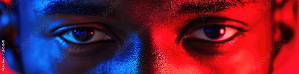 Poster a close-up shot of a person's face with unique red and blue lighting effect, suitable for creative p