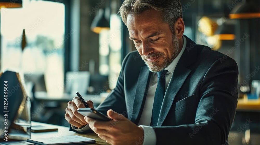 Poster a person sitting at a table using a mobile device